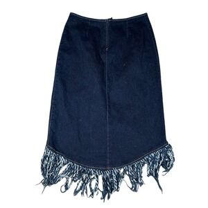 Size S/M - Vintage Y2K Denim Fringe Hem Mini Skirt – Dark Wash High Waisted